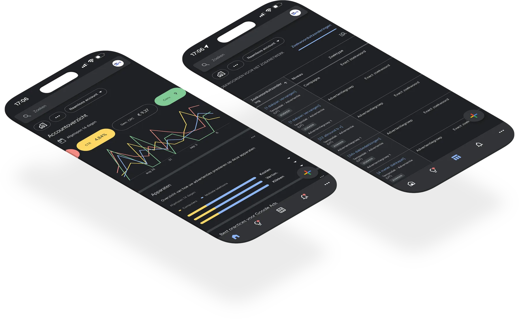 Twee telefoons met het Google Ads-account van Tempodak: het accountoverzicht van veertien dagen en de lijst zoekwoorduitzonderingen van de campagne