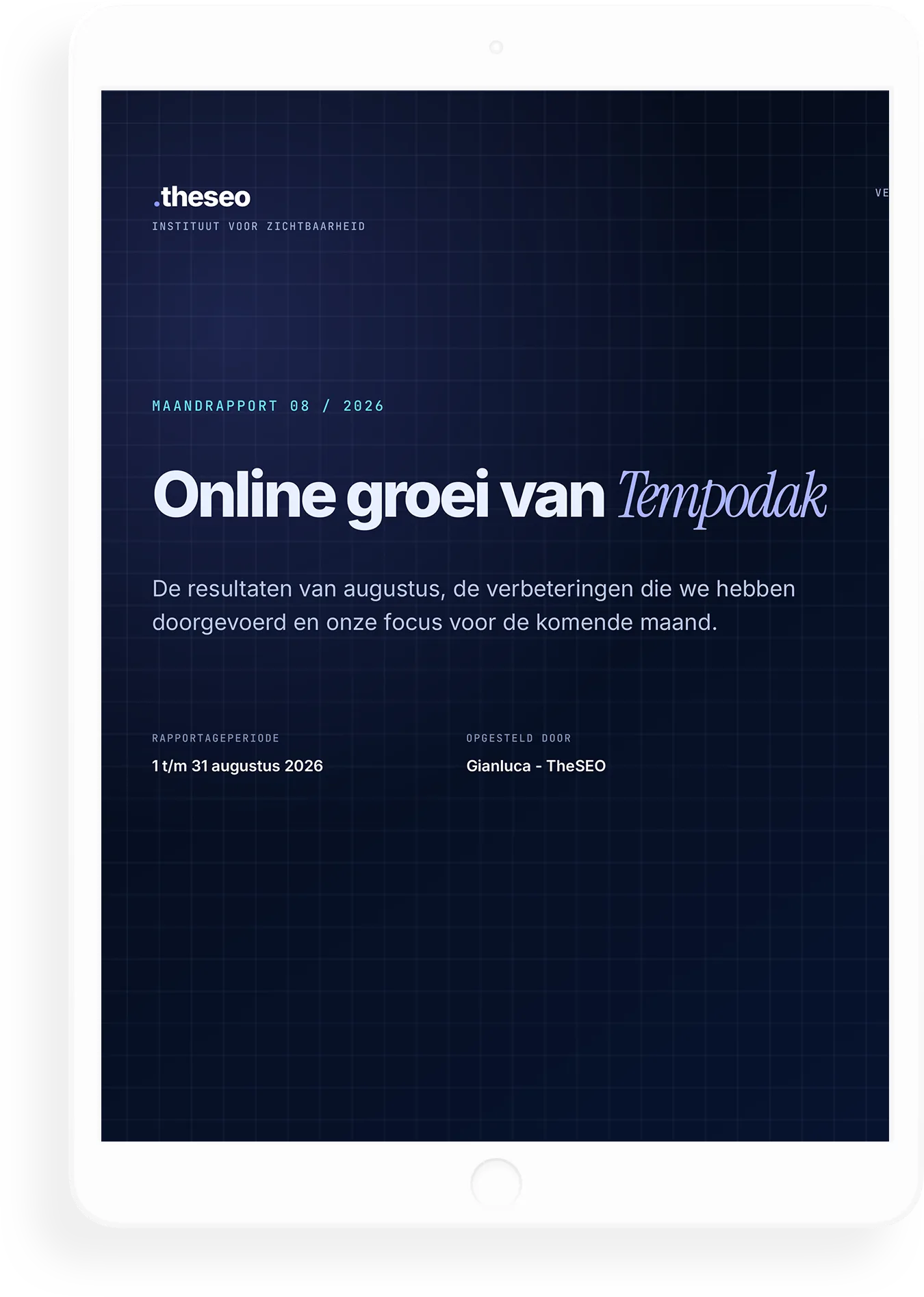 iPad met de voorkant van het maandrapport van Tempodak: Online groei van Tempodak, augustus 2026