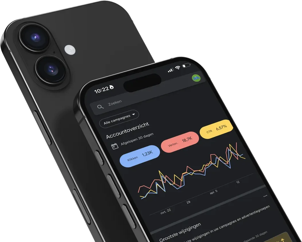 Een iPhone met de Google Ads-app: het accountoverzicht van de afgelopen dertig dagen met klikken, vertoningen, CTR en een grafiek per dag