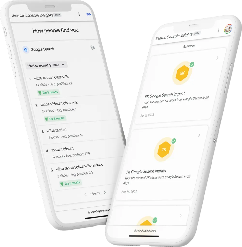 Two phones with Search Console Insights: the search queries people use to find Witte Tanden Oisterwijk, and the reach in Google