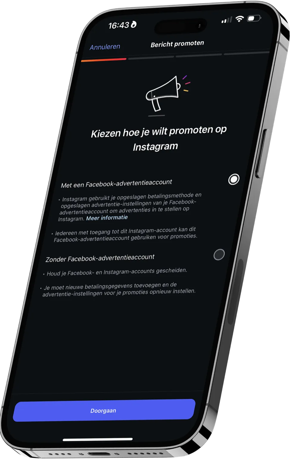 Telefoon met het promotiescherm van Instagram: kiezen hoe je een bericht wilt promoten