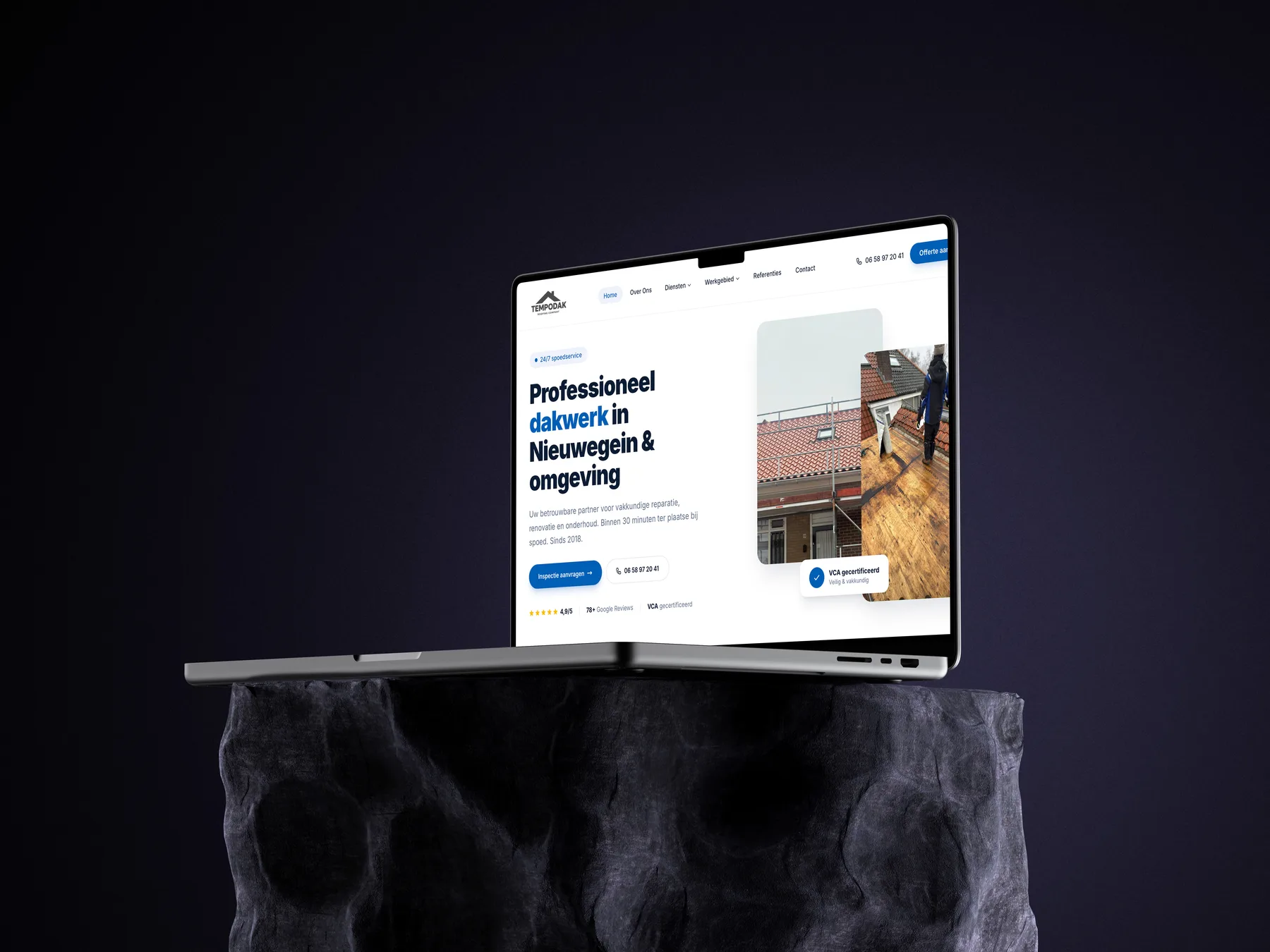 MacBook met de site van Tempodak, dakdekker in Nieuwegein, een klant voor SEO en Google Ads