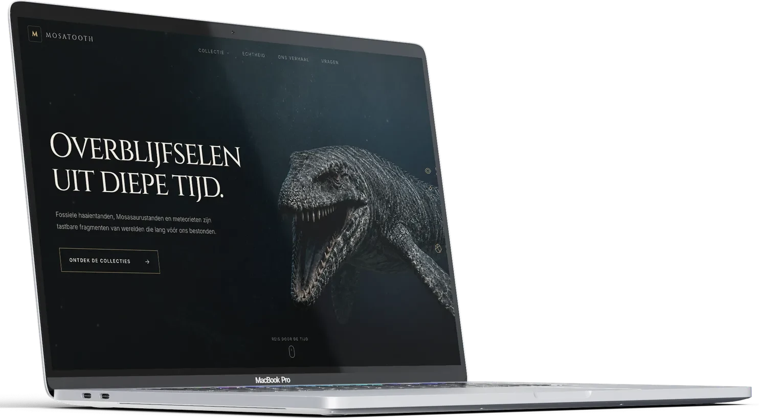 MacBook met de website van Mosatooth, door ons ontworpen en gebouwd op Next.js, met Shopify als kassa