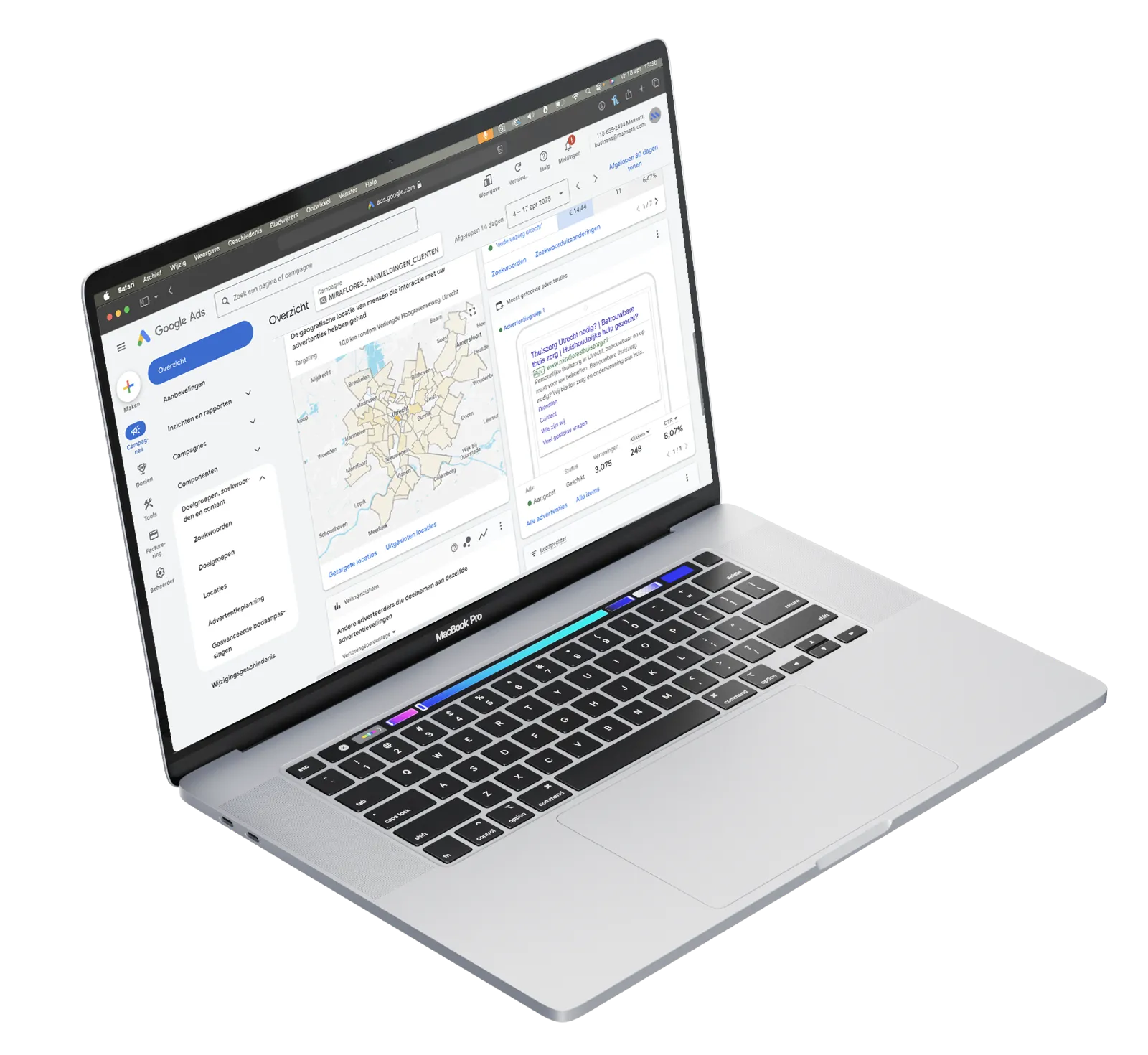 Een MacBook met het Google Ads-account van Miraflores Thuiszorg: een kaart van de regio Utrecht met de straal van de locatietargeting, de meest getoonde advertentie en de veilinginzichten