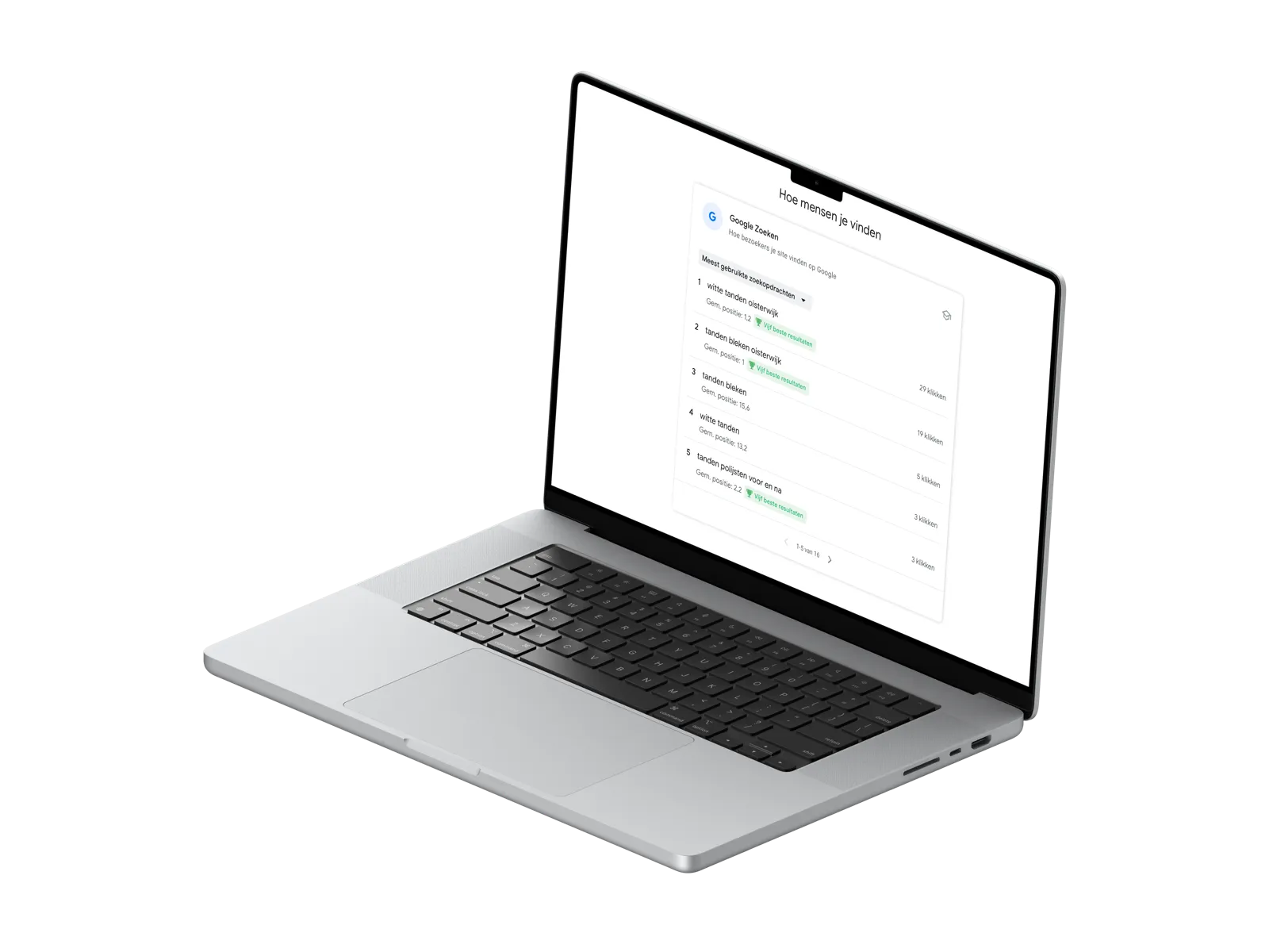 Laptop met het overzicht Hoe mensen je vinden: zoekopdrachten met hun gemiddelde positie in Google en het aantal klikken