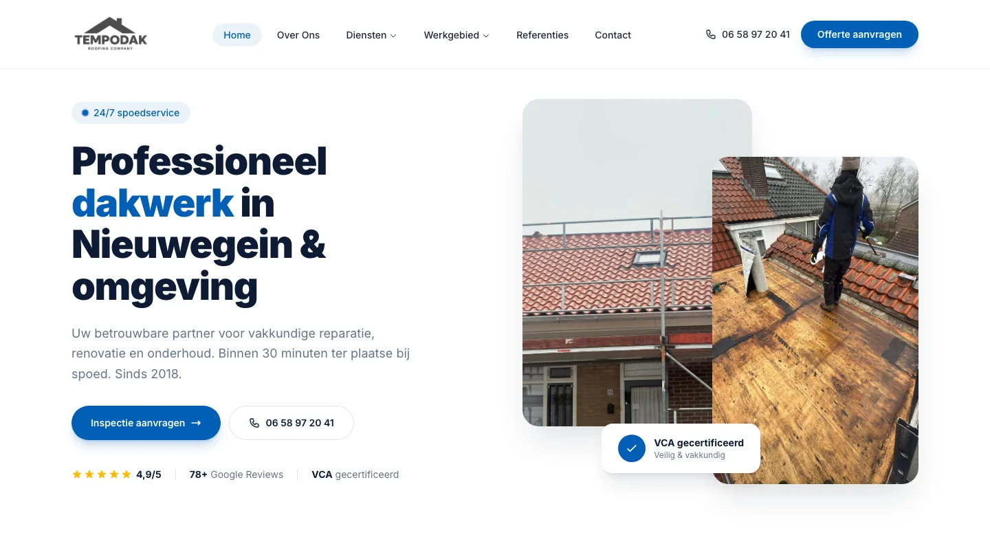 Schermafdruk van de site van Tempodak: professioneel dakwerk in Nieuwegein en omgeving, met een foto van dakdekkers aan het werk