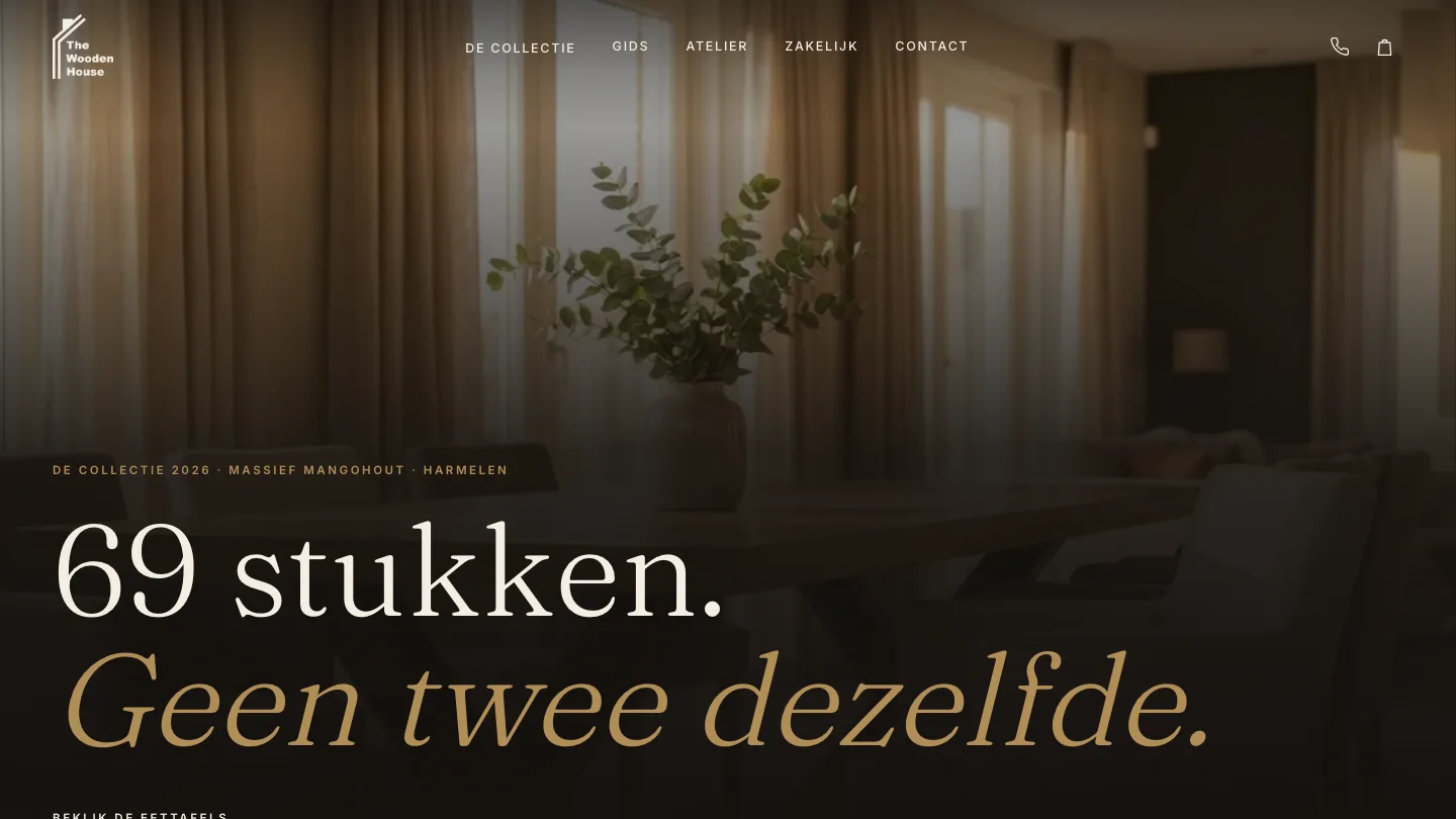 Schermafdruk van de site van The Wooden House: een interieur met de kop 69 stukken, geen twee dezelfde