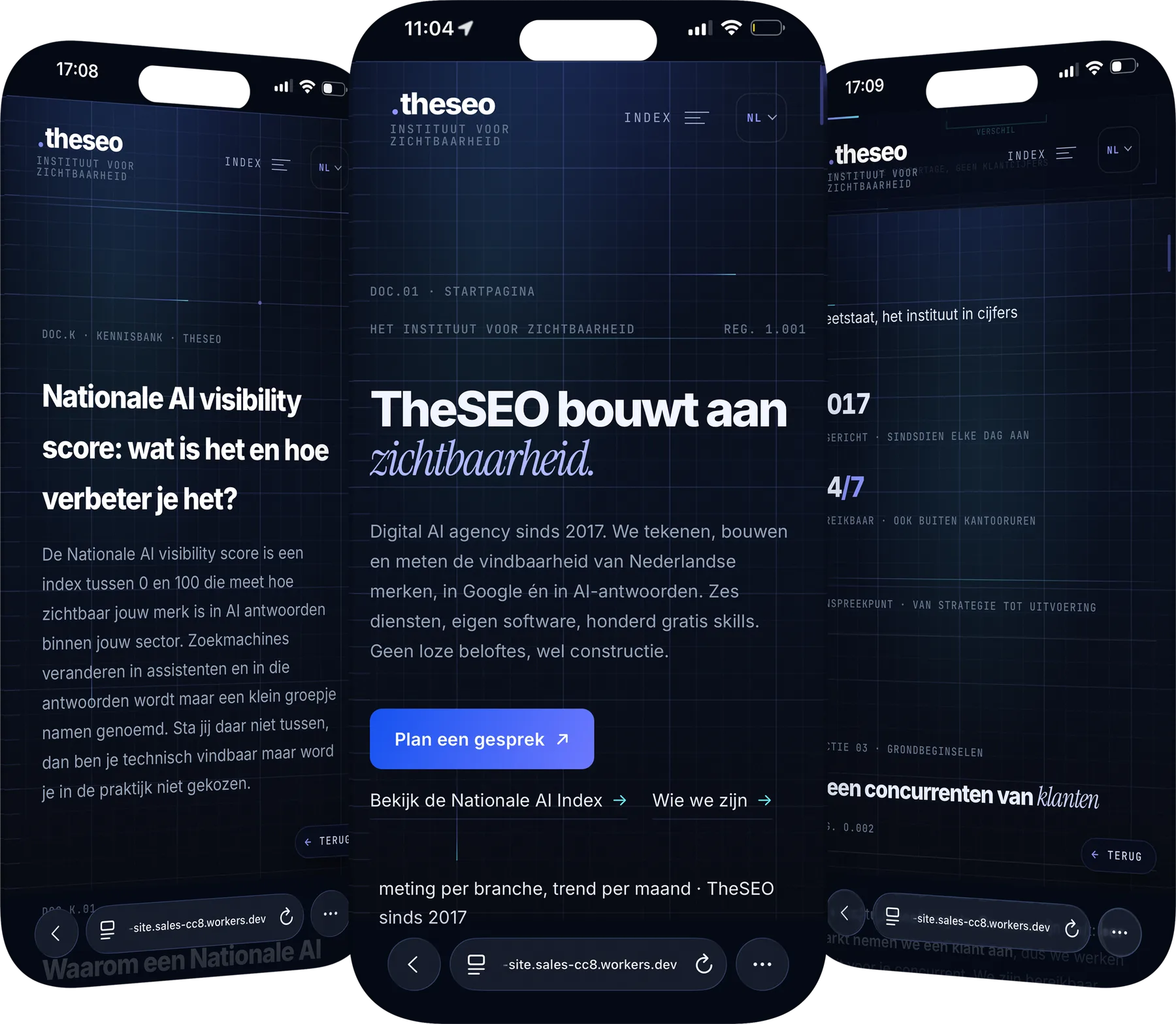 Drie telefoons naast elkaar met de site van TheSEO: de startpagina, een uitleg over AI-zichtbaarheid en het overzicht met de cijfers