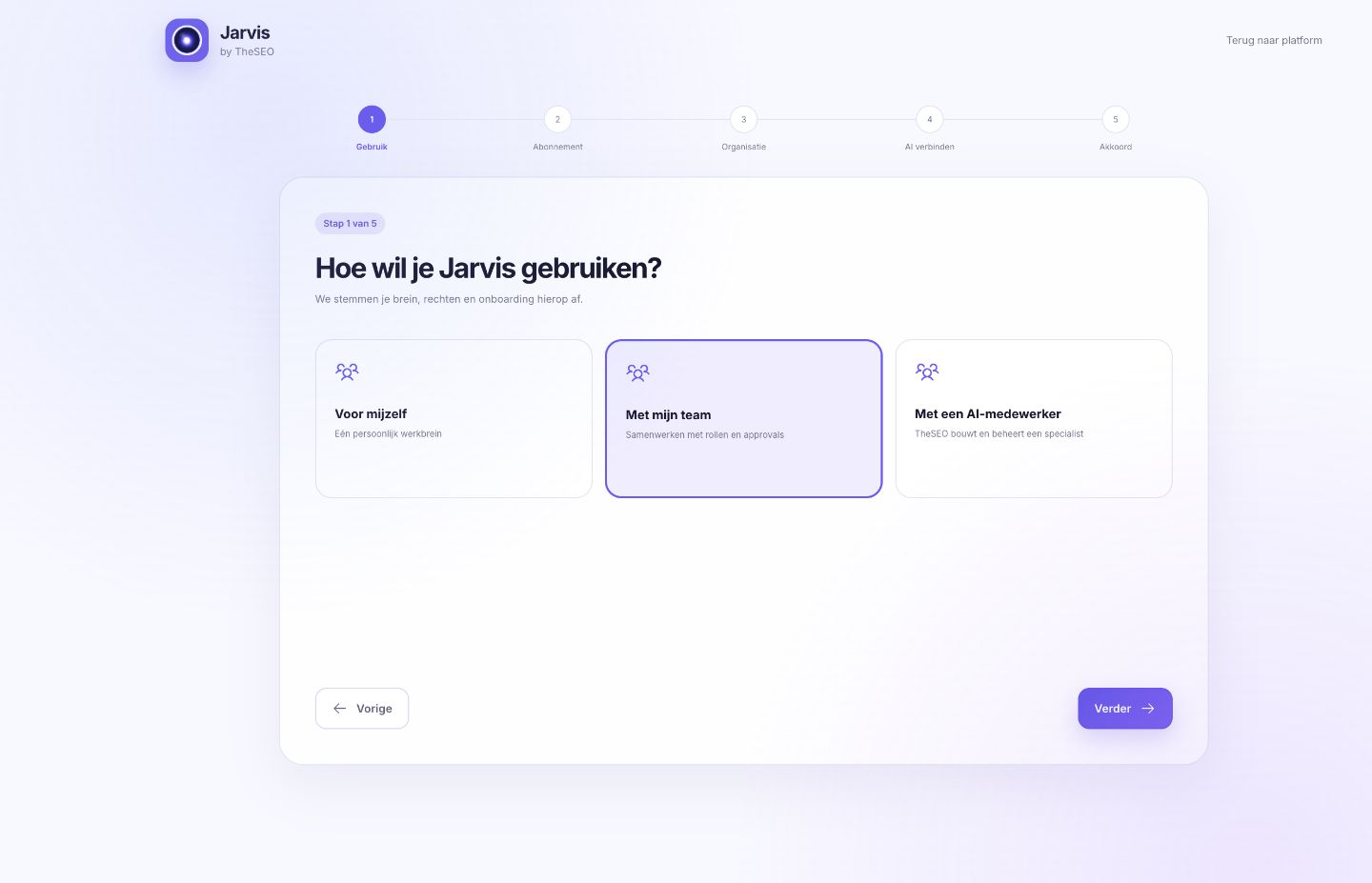 The Jarvis onboarding screen with the choice of how you want to use Jarvis