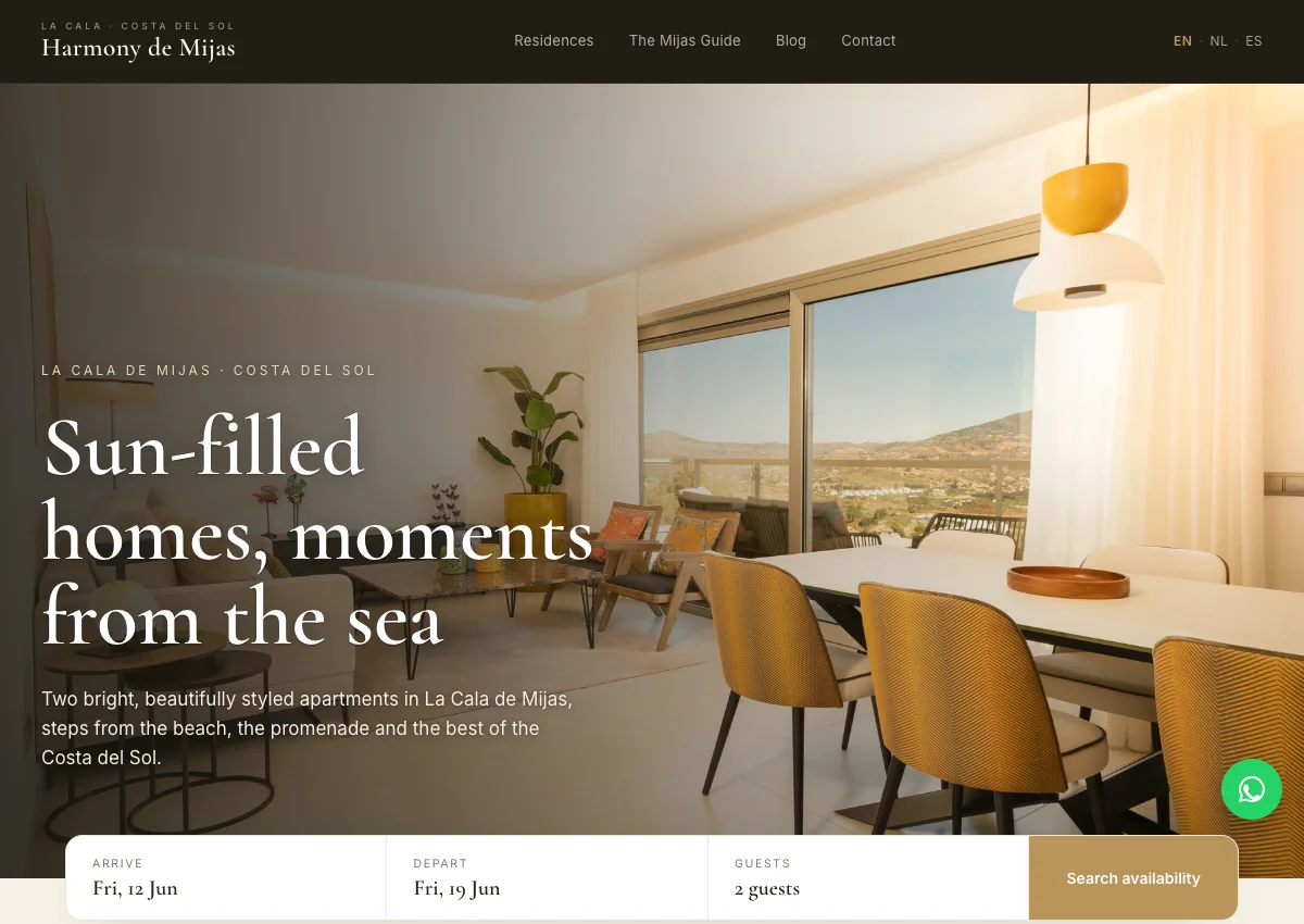 De Engelstalige website van Harmony de Mijas op desktop