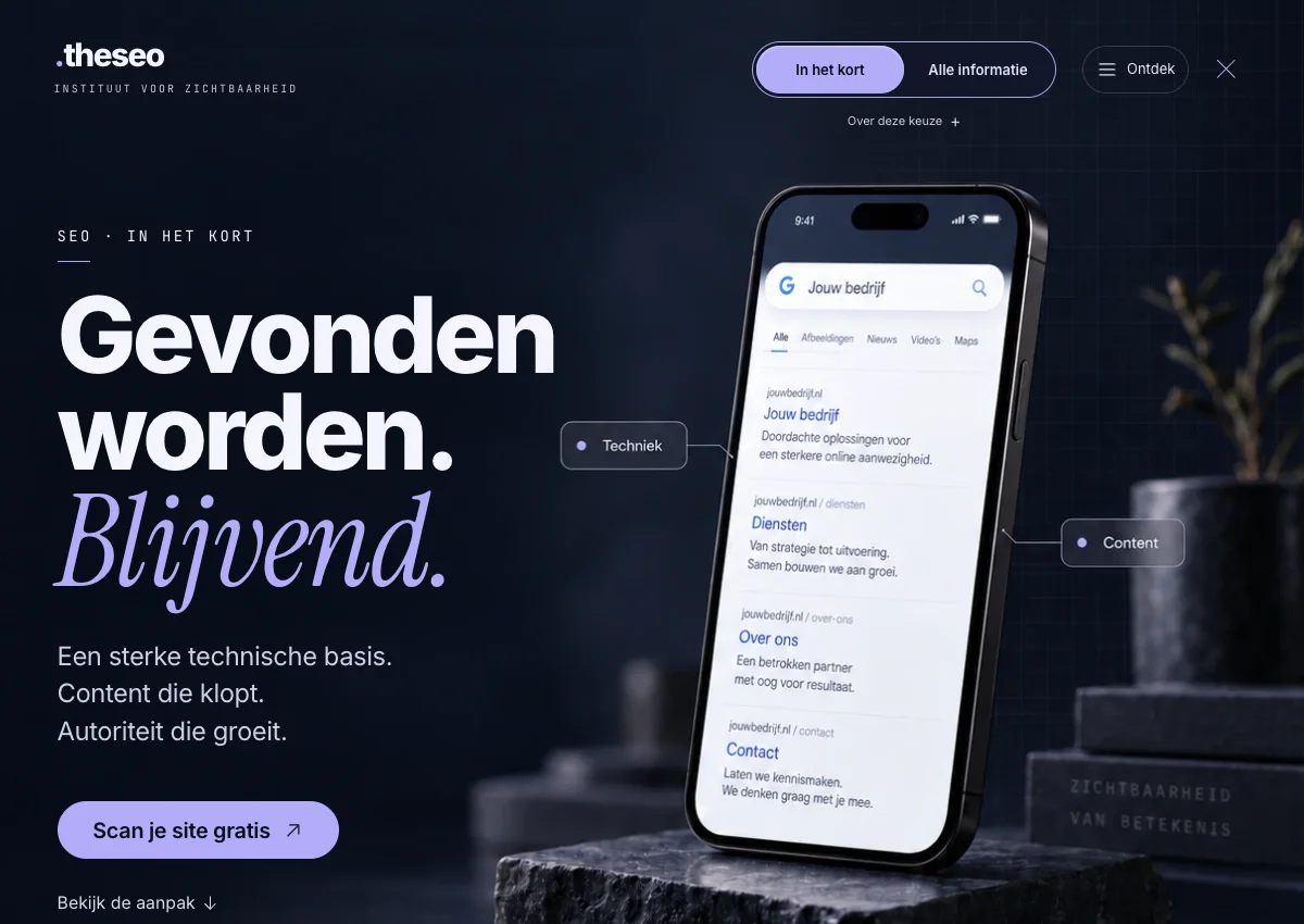 De Nederlandstalige website van TheSEO op desktop