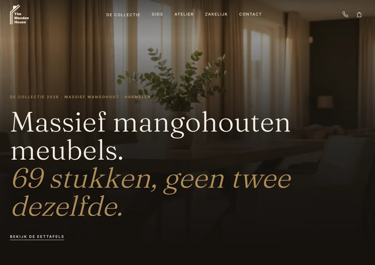 De Nederlandstalige website van The Wooden House op desktop