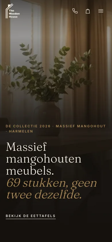 De Nederlandstalige website van The Wooden House op mobiel