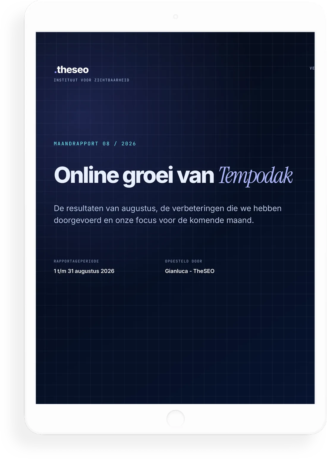 De voorkant van het maandrapport van Tempodak, augustus 2026, op een iPad