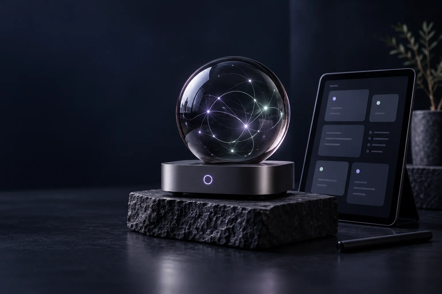 Illustratie: compacte computer, glazen bol met lichtverbindingen en een tablet met abstracte geheugennotities.