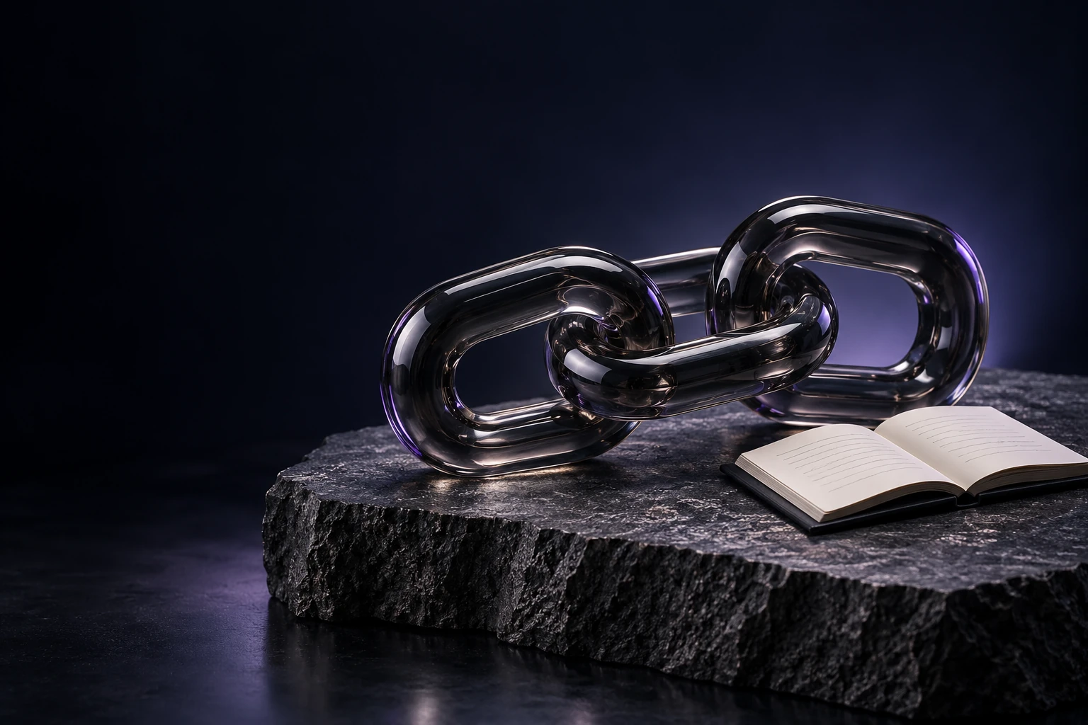 Illustration of three connected smoked-glass links beside an open notebook on basalt.