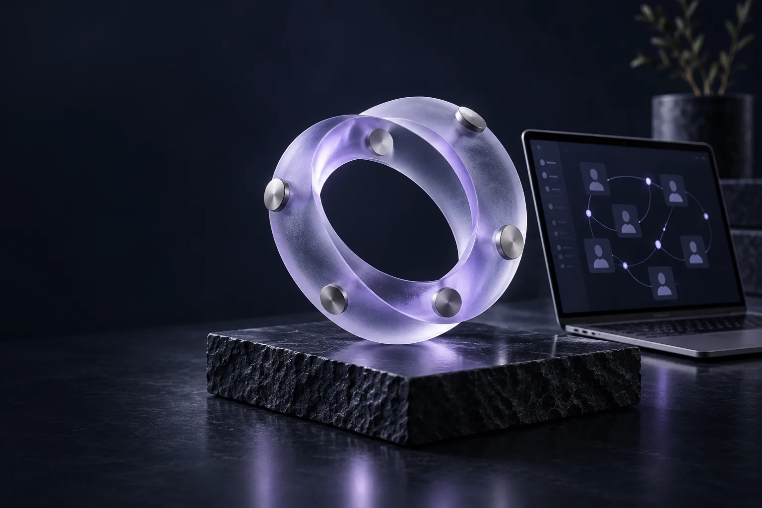 Ilustración: un aro de cristal violeta con puntos metálicos junto a un portátil que muestra conexiones entre perfiles. Es un esquema de relaciones, no una red real de clientes.