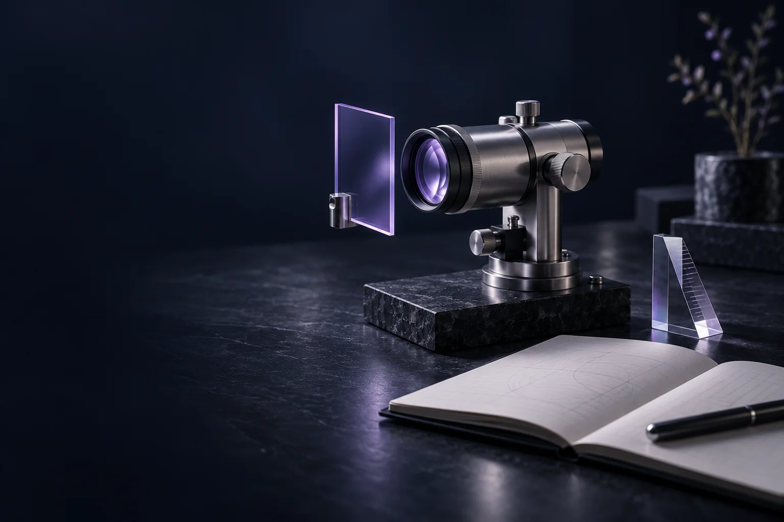 Illustratie: optisch instrument gericht op een glazen plaat, naast een open logboek en een klein prisma.