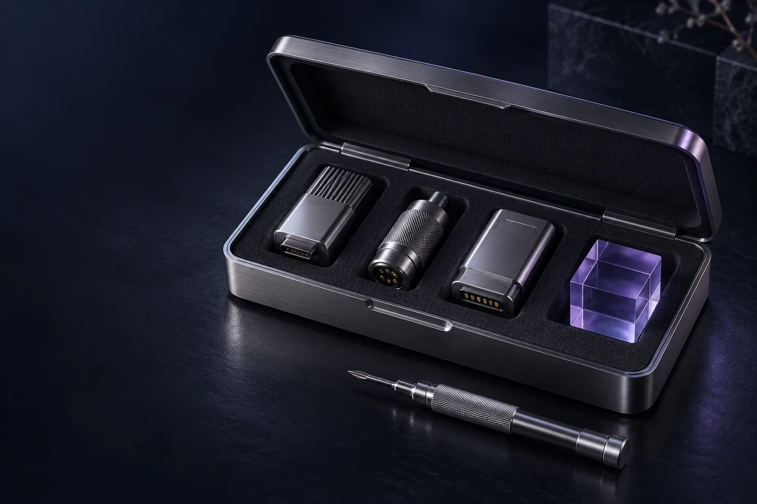 Illustration of an open titanium toolbox containing small modules, a glass cube and a screwdriver.
