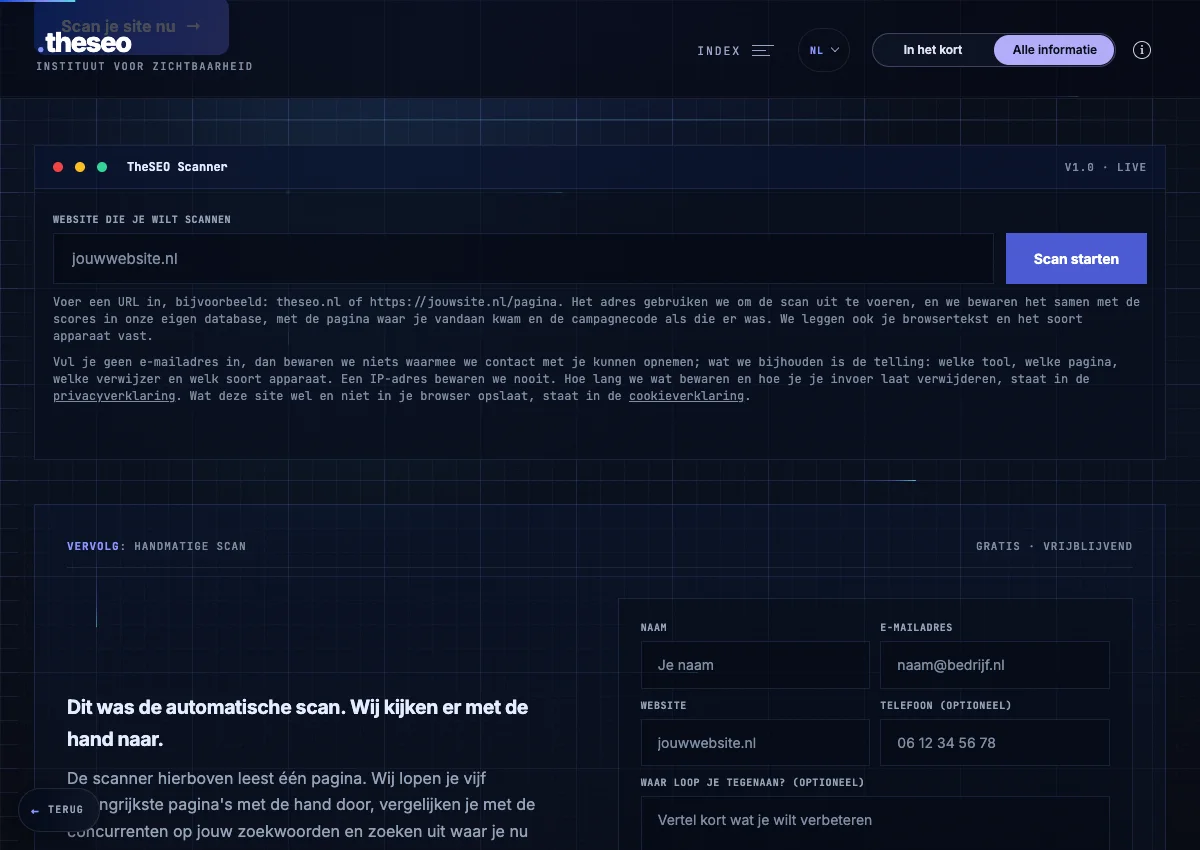 Dutch-language empty SEO scan input screen on desktop