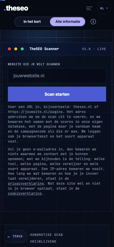 Dutch-language empty SEO scan input screen on mobile